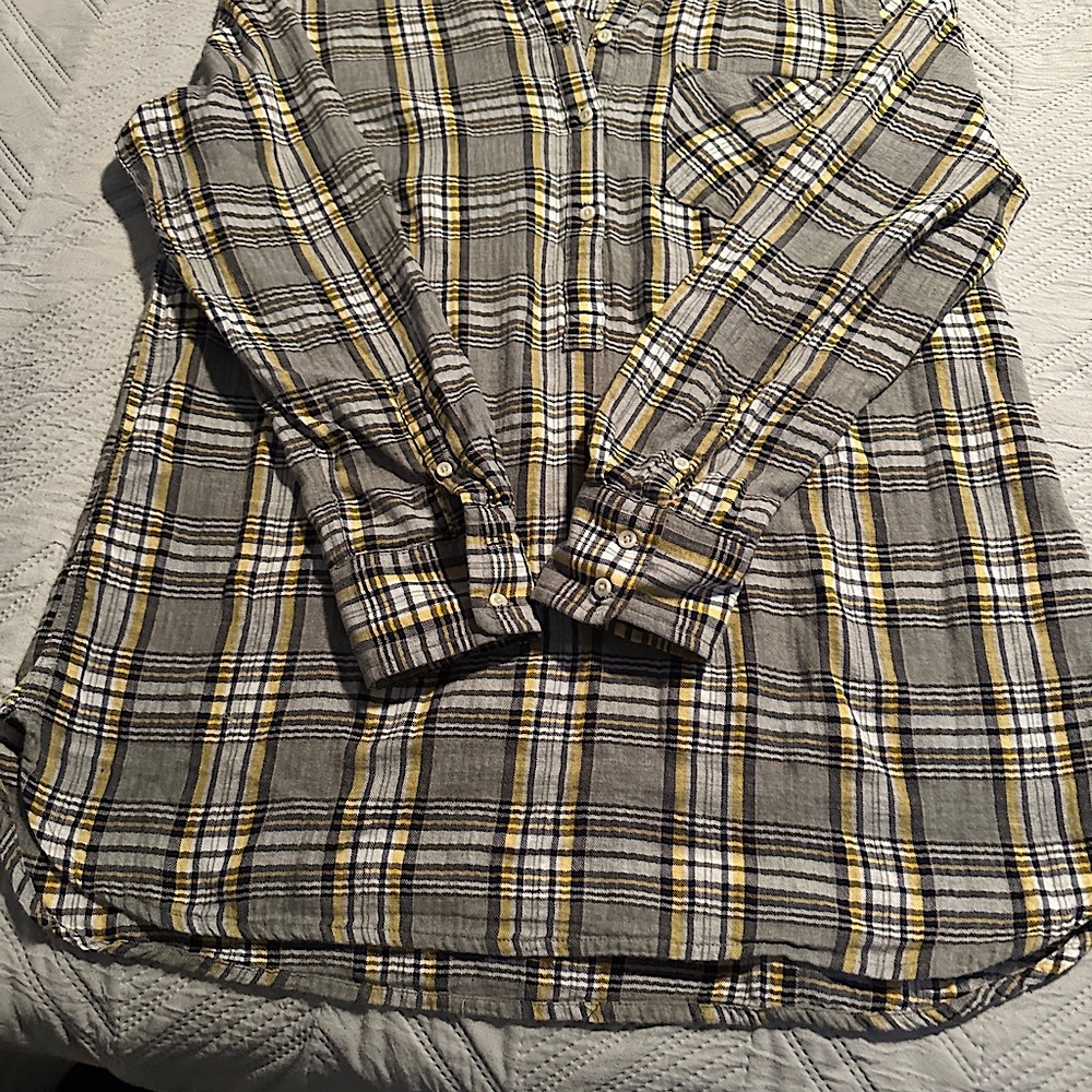 Plaid Button-Up Shirt - Gray and Yellow